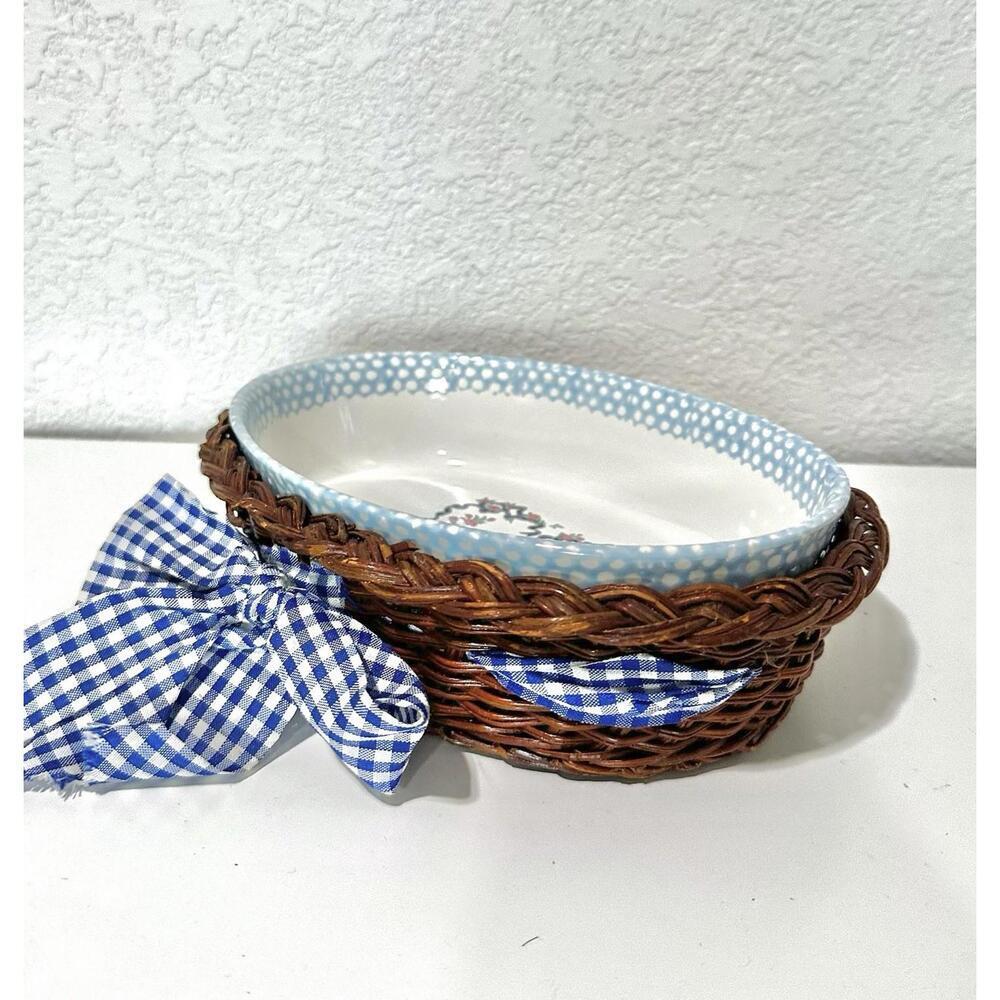 Teamson 1995 Casserole Baking Dish Oval Country Home and Woven Basket with Bow - Picture 11 of 13